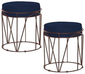 Kit 2 Puffs Decorativo Sala de Estar Base Bronze Chloe Veludo Azul G41 - Gran Belo
