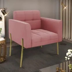 Poltrona Sala Pés Metálicos Dourado Ana Suede Rosê - Ibiza