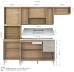 Cozinha Compacta Completa 244cm com Balcão e Pia Inox Livy Z46 Damasco