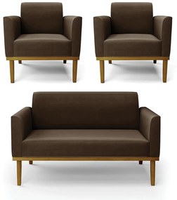 Sofá Namoradeira com 2 Poltronas Base de Madeira Fixa Castanho Marisa Suede D03 - DRossi - Marrom
