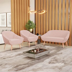 Kit 01 Namoradeira 02 Lugares e 02 Poltronas Giovana Veludo Pés Palito Natural D03 - D'Rossi - Rose