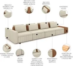 Sofá Ilha e Puff Sala Living 425cm Siesta M22 Linho Areia/Marrom - Mpo