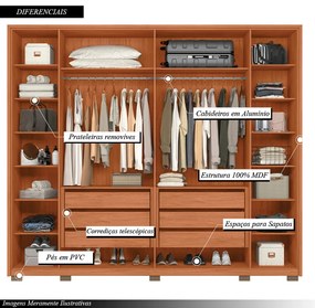 Guarda Roupa Uno 265cm com 6 Portas e 6 Gavetas Corrediças Telescópicas MDF Freijo/OffWhite G11 - Gran Belo