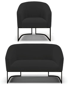 Sofá Namoradeira e Poltrona Base Industrial Preto Stella Veludo D03 - D'Rossi - Preto
