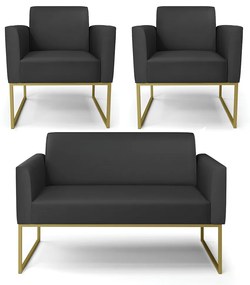 Sofá Namoradeira com 2 Poltronas Base Industrial Dourado Marisa Corino D03 - D'Rossi - Preto