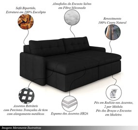 Sofá Retrátil Bipartido Sala de Estar Belém 224cm Couro Preto G52 - Gran Belo