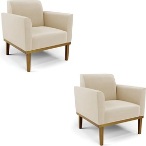 Kit 2 Poltronas Decorativas Isabella Pés Fixo em Madeira Castanho Suede Bege G19 - Gran Belo