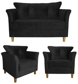 Kit Namoradeira + 2 Poltronas Ibis Sala Recepção Suede Preto