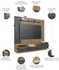 Estante Painel TV 75 Pol com LED 200cm Dolphin Mel/Grafite A05 - Mpoze
