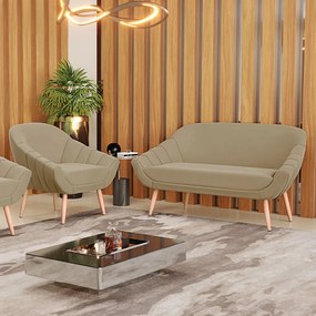 Kit 01 Namoradeira 02 Lugares e 01 Poltrona Giovana Suede Pés Palito Natural - D'Rossi - Marrom Rato