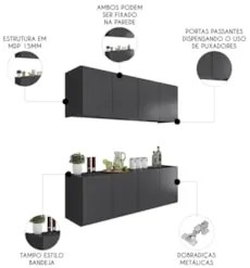 Armário de Cozinha e Balcão Suspenso 118cm Monna Grafite Z34  - Mpozen