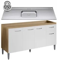 Balcão de Cozinha com Pia Inox 150cm Gabriela Amêndoa/Branco - AJL Móv
