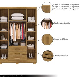 Guarda Roupa Solteiro Linna 150cm 4 Portas de Bater 3 Gavetas Nature G98 - Gran Belo