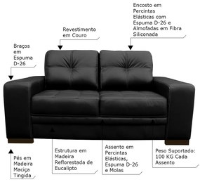 Sofá 2 Lugares Sala de Estar Milano 170cm Couro Preto G58 - Gran Belo