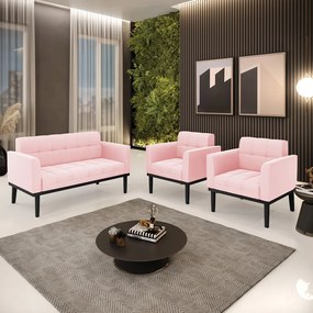 Conjunto 2 Poltronas e 1 Namoradeira Decorativa Karen Pés Fixo em Madeira Preto Suede Rosa Bebê G19 - Gran Belo