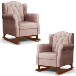 Kit 02 Poltronas Amamentação Base Madeira Balanço Lucy Z39 Veludo Rosê