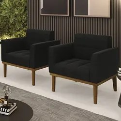 Poltrona Base Madeira Castanho Kit 2 Ana Suede Preto - Ibiza