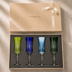 Kit 4 Taças Coloridas de Cristal Flauta Lapidado 66 p/ Champanhe c/ Caixa de Presente - KT03  KT03