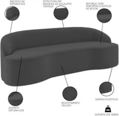 Sofá 3 Lugares para Sala de Estar Living 210cm Theo D06 Veludo Cinza -