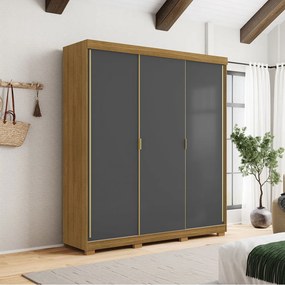 Guarda Roupa Casal Heros 3 Portas de Correr Dupla Face com Gavetas MDF Nature/Chumbo G98 - Gran Belo