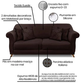 Sofá 2 Lugares Pé de Madeira Julieta 180 cm Suede S04 - D'Rossi - Café