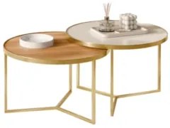 Mesa de Centro Pés Metálicos Kit 2 Thor Off/Cinamomo/Dourado E05 - Mpo