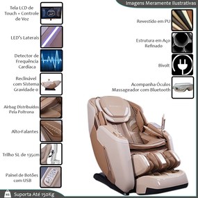 Poltrona Elétrica 3D Massagem Aquecimento Stark Reclinação Gravidade Zero Bivolt Tela LCD Touch com Óculos Massageador de Brinde PU Bege G94 - Gran Be