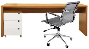 Conjunto Office - Bancada Contemporânea Louro Freijó 1,36m + Módulo Contemporâneo Branco e Louro Freijó 42,5cm + Cadeira de Escritório Noruega Cinza