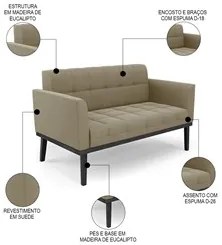 Sofá Namoradeira e 2 Poltronas Base Madeira Preto Ana Suede Marrom RT