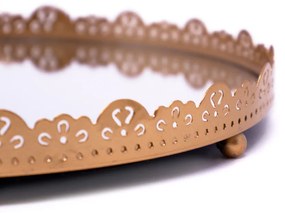 Bandeja Decorativa Redonda Em Metal Flor Rosê Com Espelho 2x22x22 Cm - D'Rossi