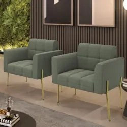 Poltrona Para Sala Pé Metal Dourado Kit 2 Ana Bouclé Menta - Ibiza