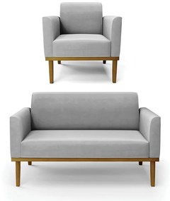 Conjunto Poltrona e Namoradeira Decorativa Isabella Pés Fixo em Madeira Castanho Suede Cinza G19 - Gran Belo