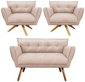 Kit 1 Namoradeira 2 Lugares E 2 Poltronas Anitta Suede Base De Madeira MA30 D03 - D'Rossi - Bege
