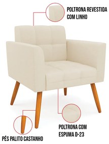 Kit 1 Sofá Namoradeira e 2 Poltronas Elisa Linho Pés Palito Castanho D03 - D'Rossi - A19 Bege
