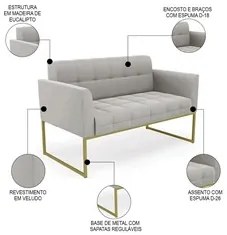 Sofá Namoradeira e 1 Poltrona Base Industrial Dourado Ana Veludo Cinza