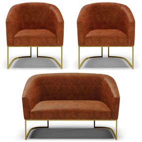 Namoradeira e 2 Poltronas Industrial Dourado Stella Sintético PU D03 - D'Rossi - Nozes