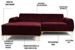 Sofá 300cm 5 Lugares com Chaise Esquerdo Pés Gold Molino C-278 Veludo
