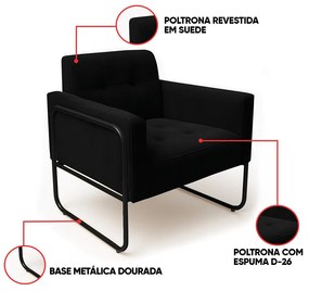 Poltrona Sala Industrial Alta Tubo Preto Elisa Suede D03 - D'Rossi - Preto