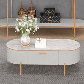 Mesa de Centro Bento com 1 Gaveta Pés Metálicos Dourados G18 - Gran Belo - Fendi/Quartzo
