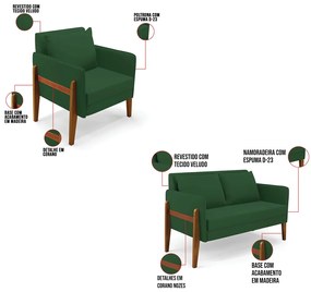 Kit 1 Sofá Namoradeira e 1 Poltrona Lana Veludo Base de Madeira - D'Rossi - Verde