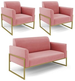 Sofá Namoradeira com 2 Poltronas Base Industrial Alta Dourado Marisa Suede D03 - D'Rossi - Rose