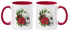 Caneca Caveira e Rosas Branca com Alça Vinho