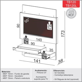 Painel Home Para TV até 55 Suspenso Tb120 - Off White Freijo