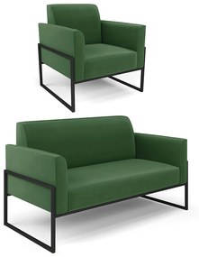Sofá Namoradeira com Poltrona Base Industrial Alta Preto Marisa Suede D03 - DRossi - Verde