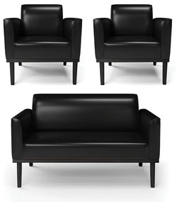 Conjunto 2 Poltronas e 1 Namoradeira Decorativa Isabella Pés Fixo em Madeira PU Preto Brilho G19 - Gran Belo