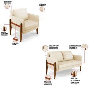 Kit 1 Sofá Namoradeira e 2 Poltronas Lana Corino Bege Base de Madeira