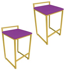 Conjunto 02 Banquetas Pietra Suede Base Dourado - Roxo
