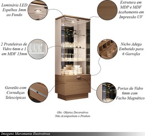 Cristaleira Decorativa Peggy Nicho Adega com LED Portas de Vidro Castanho/Off White G26 - Gran Belo