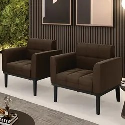Poltrona Base Madeira Preto Kit 2 Ana Suede Marrom - Ibiza