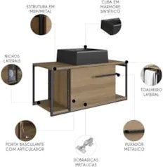 Gabinete Banheiro Suspenso 80cm Cuba Quadrada Ripy Mel/Preto Z54 - Mpo